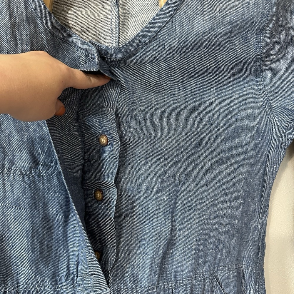 Poetry Dress Sz 10 Blue Linen Relaxed Boho Peasant Pockets 1/2 Button 3/4 Sleeve - Picture 3 of 7